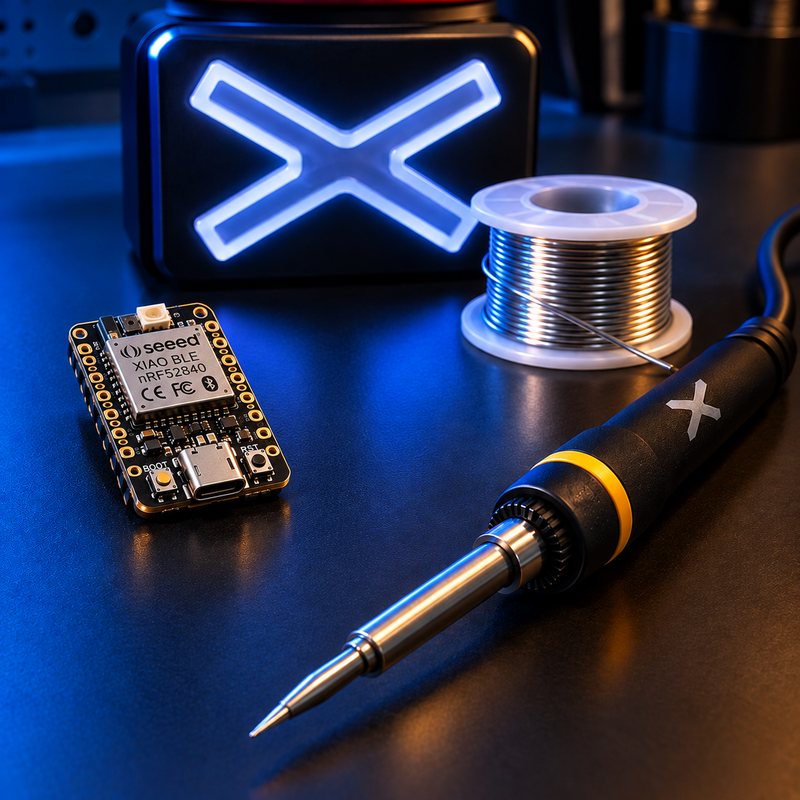Funkmodul Seeed XIAO nRF52840, Lötkolben und Lötzinn vor einem leuchtenden Fotobox-Buzzer