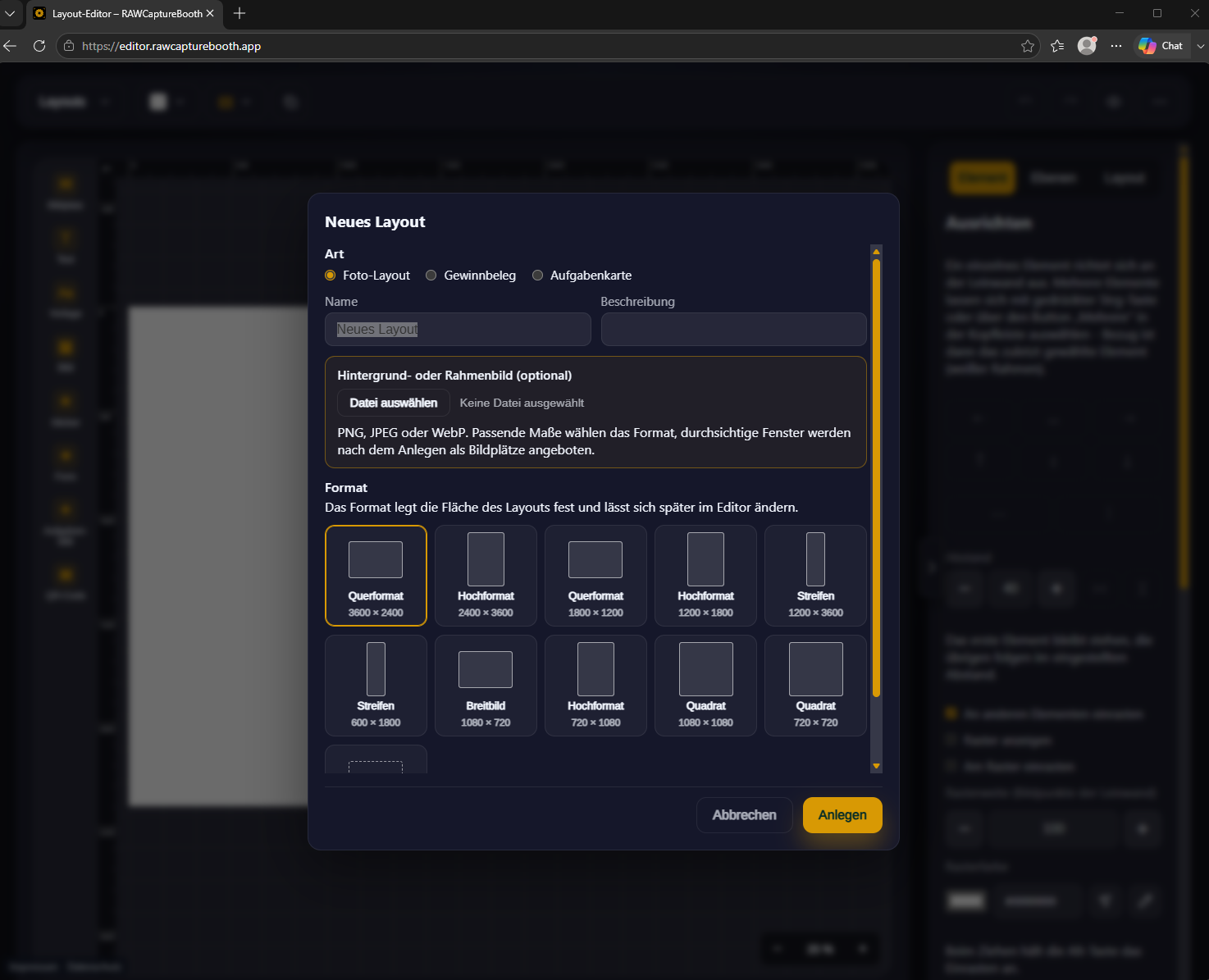 Layout-Editor online im Browser: Dialog „Neues Layout“ mit Art, Hintergrundbild und Formatauswahl