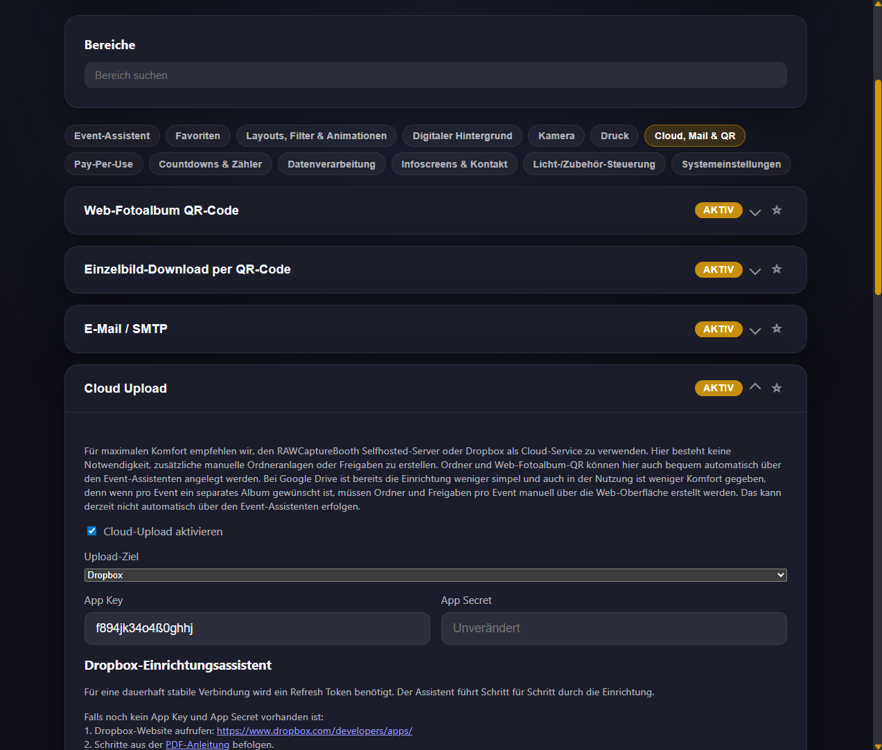 Admin-Einstellungen für Cloud, E-Mail und QR-Code-Funktionen