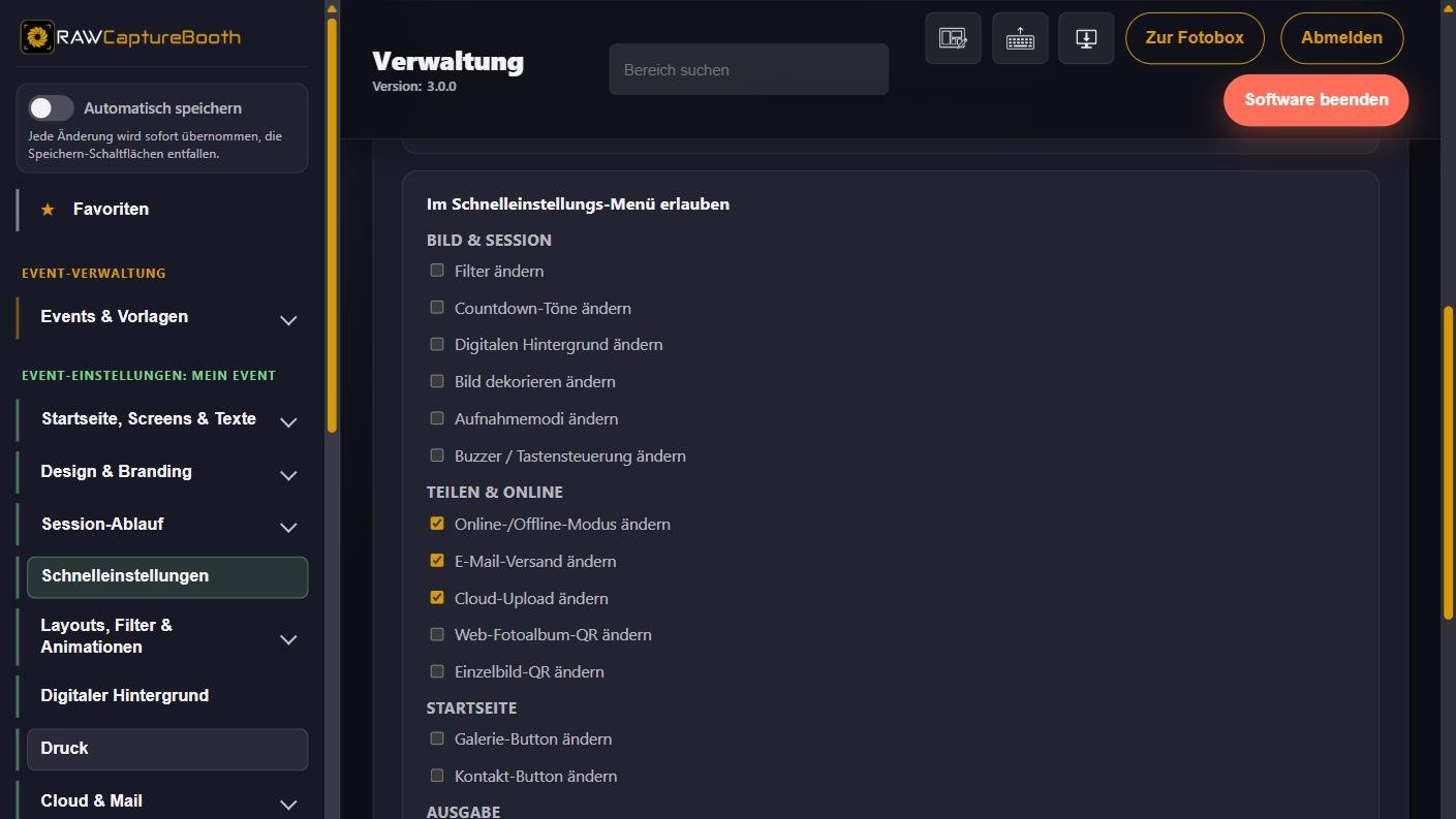 Die Berechtigungen im Schnelleinstellungs-Menü