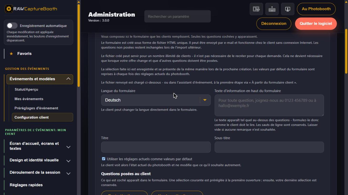 La liste des questions lors de la création du formulaire
