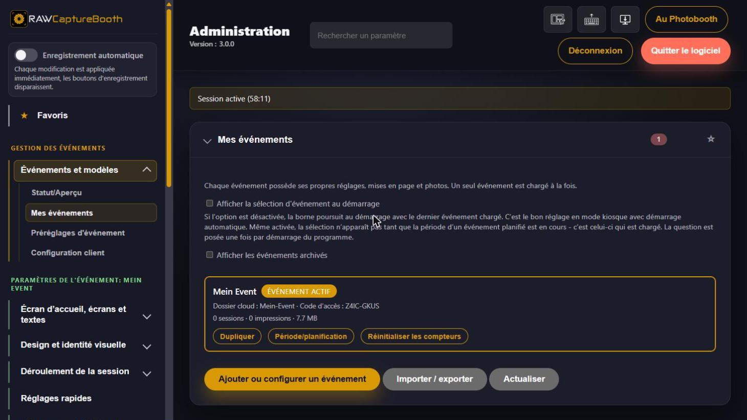 La liste des événements dans l'administration