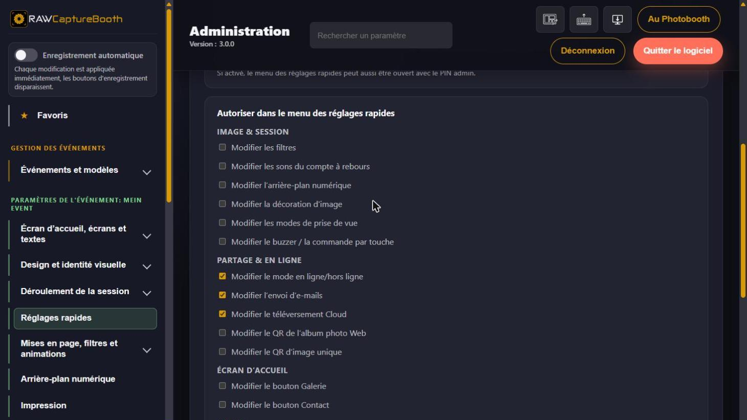 Les autorisations du menu des réglages rapides