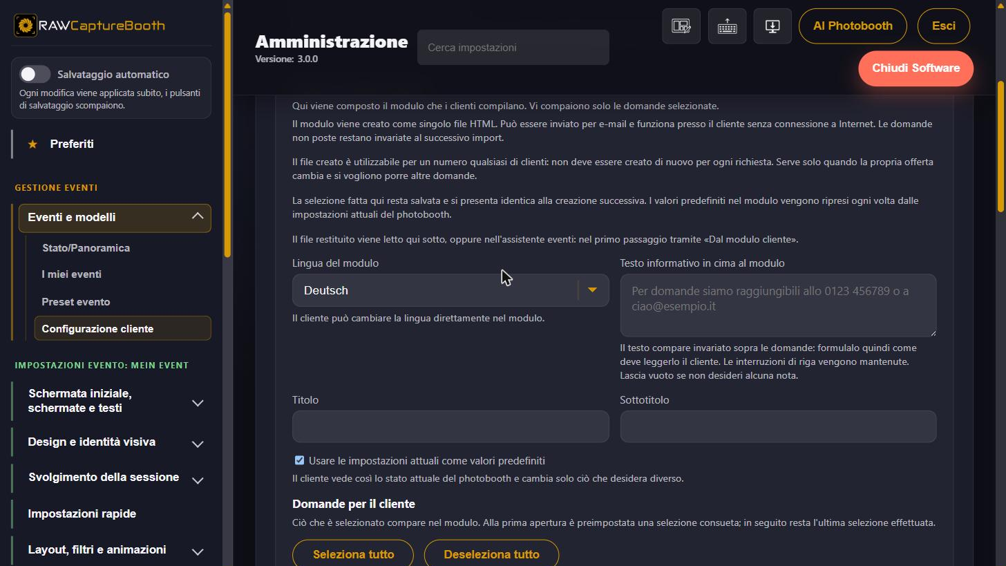 L'elenco delle domande nella creazione del modulo
