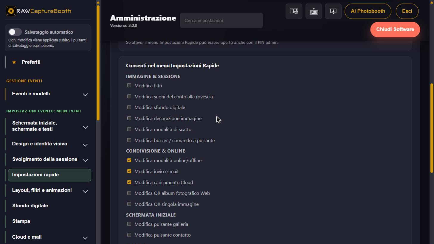 Le autorizzazioni del menu delle impostazioni rapide