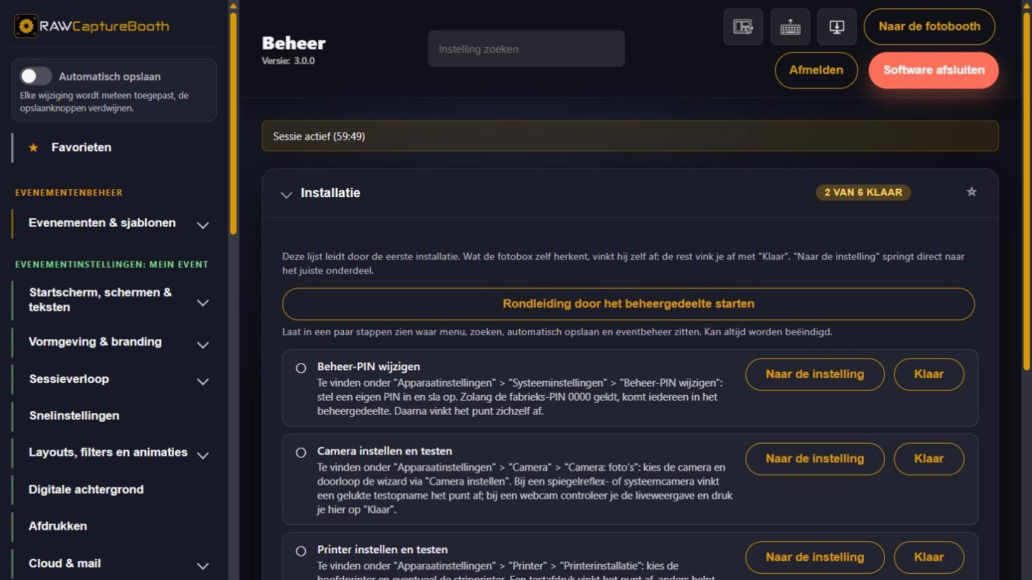 Het gedeelte « Installatie » in het beheer