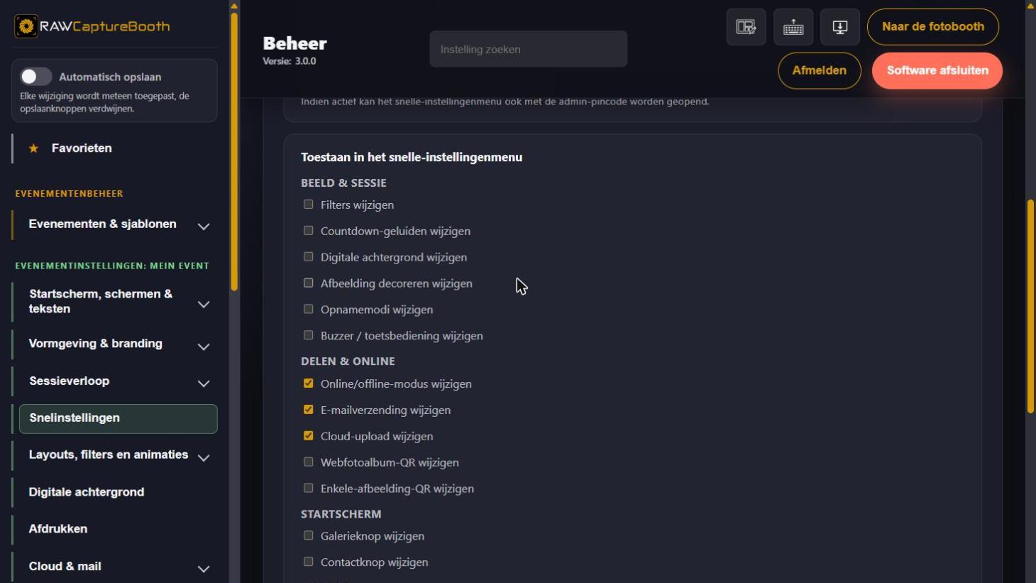 De rechten van het menu met snelinstellingen