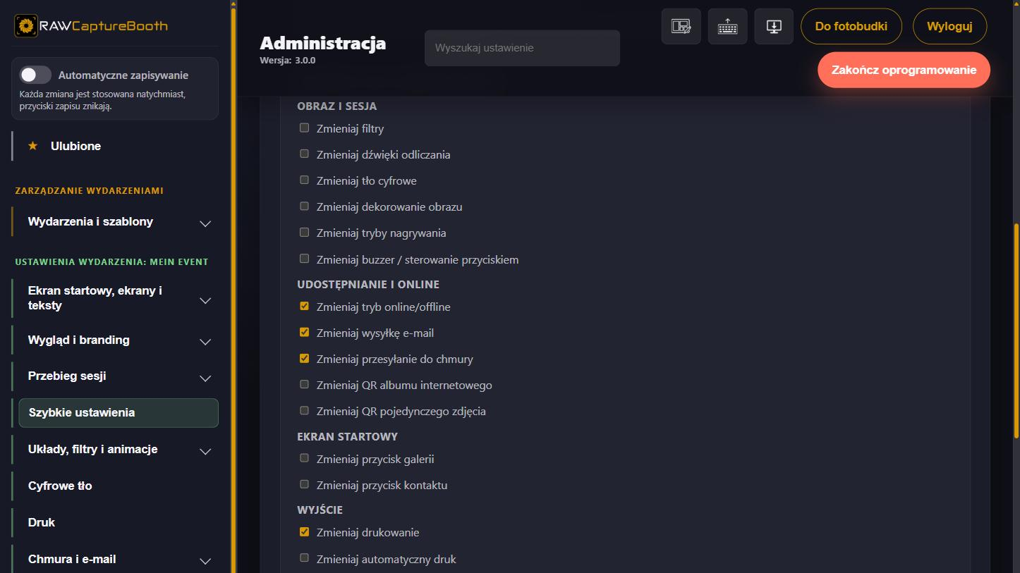 Uprawnienia w menu szybkich ustawień